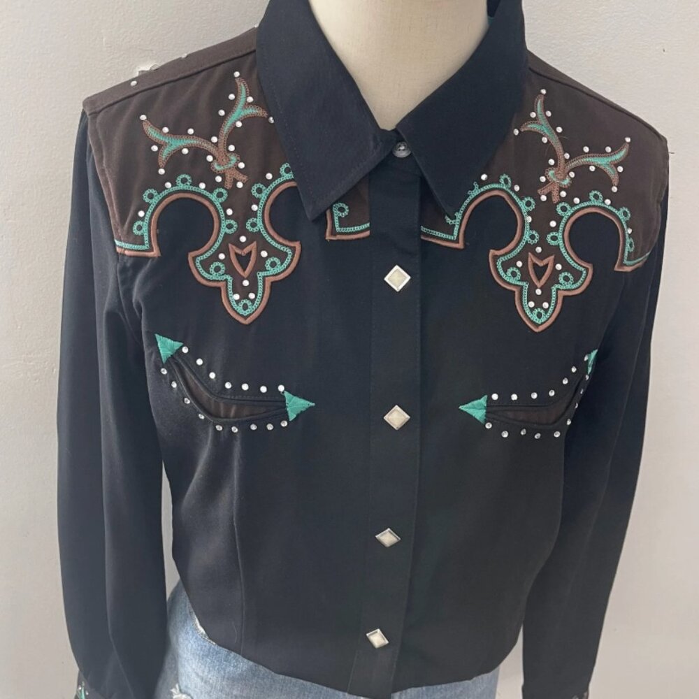 RETRO Panhandle Slim Diamond Pearl Snap Brown / Turquoise Piping / Rhinestones